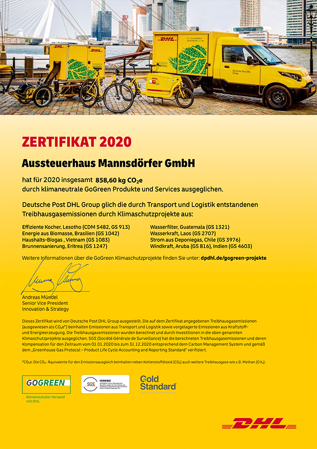 DHL Zertifikat GoGreen 2020