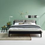 Bett LIV Eiche schwarz gebeizt mit Kernlederschürze und Rückenkissen